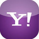 A purple yahoo logo with white letters on it.